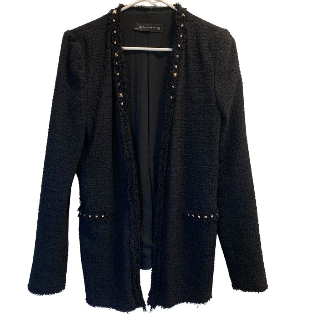 Zara WOMAN Blazer Black Textured with Gold Studs Size Medium